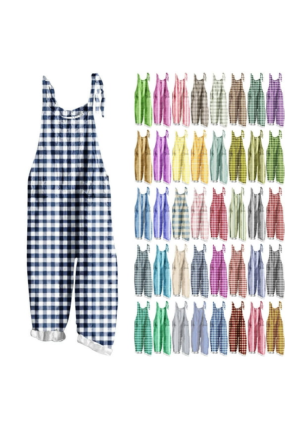 Plaid Printed Jumpsuits for Women Summer Linen Sleeveless Spaghetti Strap Rompers Loose Plus Size Wide Leg Bib Overall with Pockets Yellow S Lightning Sales