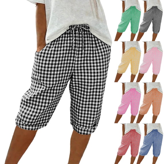 QATAINLAV Plaid Shorts for Women Summer Casual Drawstring High Waisted Short Pants with Pockets Linen Pajama Long Shorts Green L