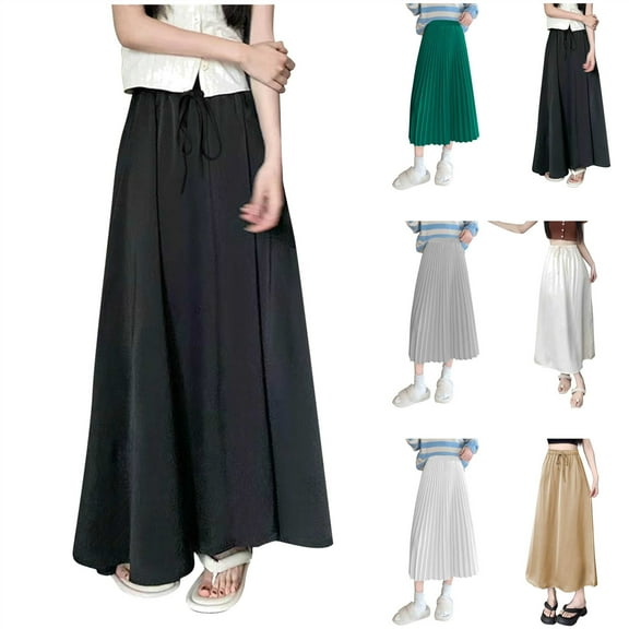 QATAINLAV Pleated Midi Skirts for Women Elastic High Waisted A line Long Skirt Solid Casual Comfy Satin Flowy Skirts, Khaki, XXXL,