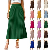QATAINLAV Pleated Midi Skirts for Women Elastic High Waisted Solid Satin Business Skirt A Line Flowy Swing Long Skirts, Blue, XXL, Gifts for Girls