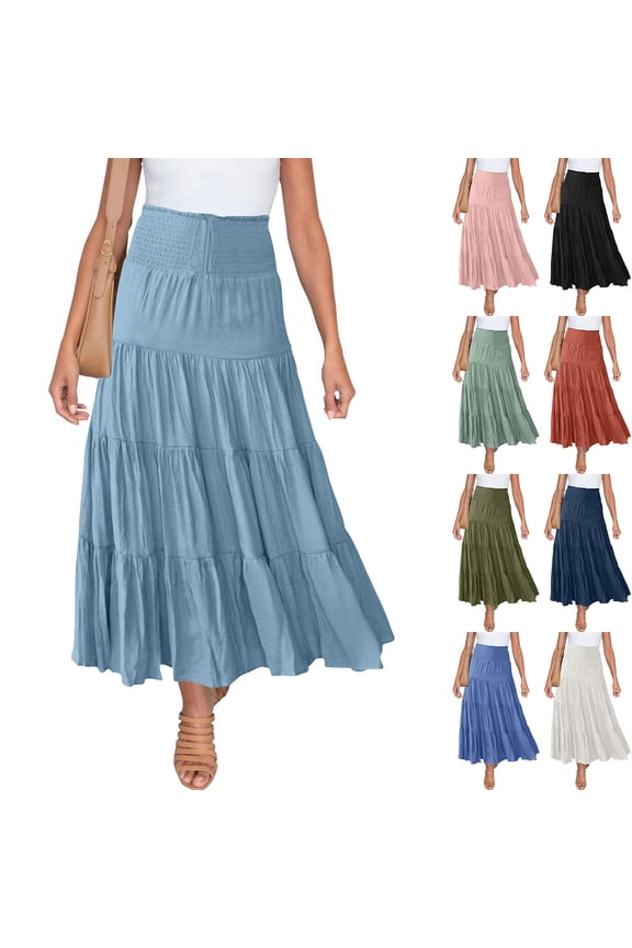 Pleated Midi Skirts for Women Elastic High Waisted Solid Satin Business Skirt A Line Flowy Swing Long Skirts, Khaki, S, Mother's Day Gifts
