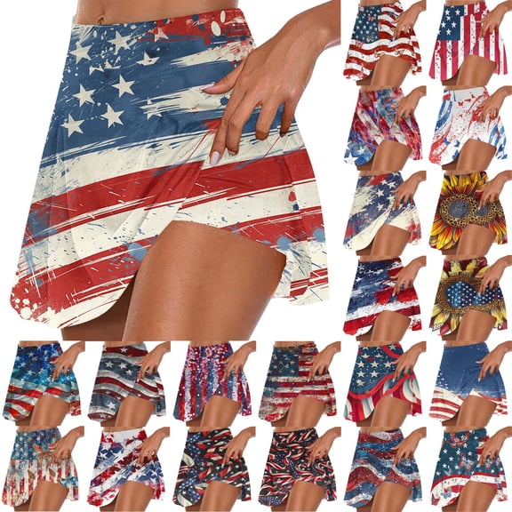 QATAINLAV Plus Size 4th of July Skort, Women 2024 Summer Fake Two Piece Yoga Shorts American Flag Patriotic Tennis Skirts Multicolor M