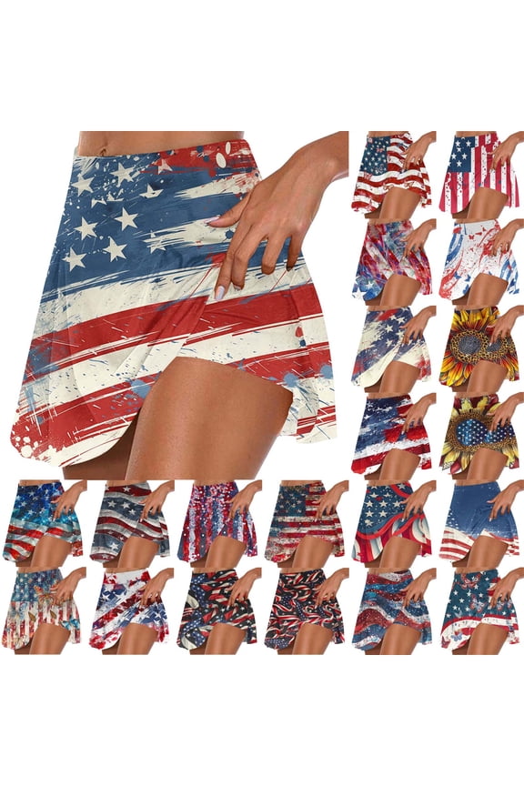 Plus Size 4th of July Skort, Women 2024 Summer Fake Two Piece Yoga Shorts American Flag Patriotic Tennis Skirts Sales Today Multicolor L