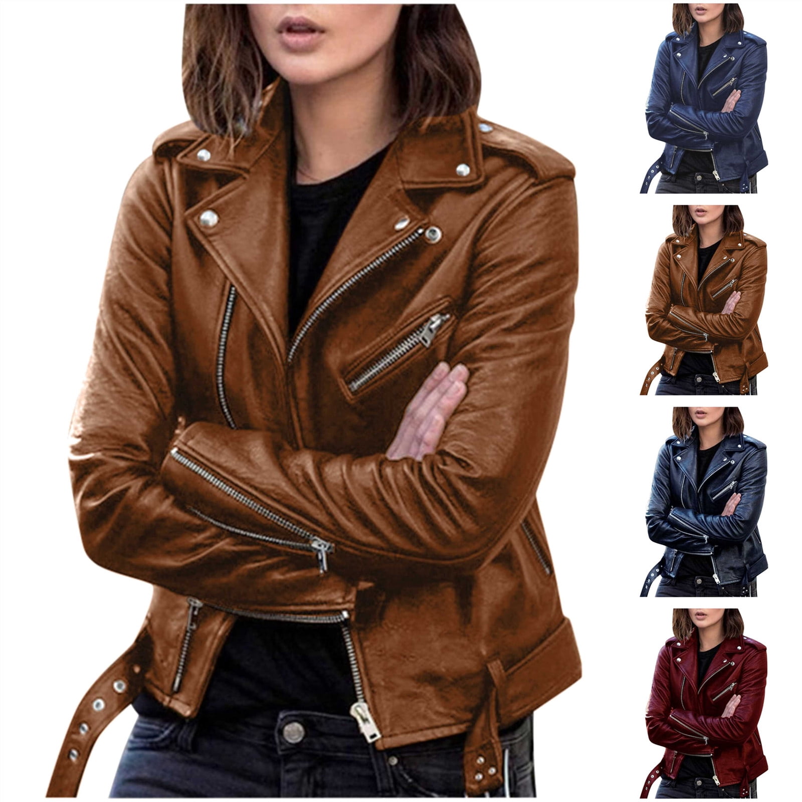 QATAINLAV Womens Leather Jacket Casual Cropped Zipper Moto Coat