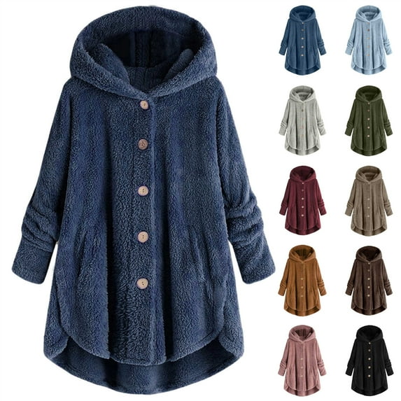 QATAINLAV Plus Size Jacket for Women Fuzzy Fleece Hooded Button Down Cardigan Oversized Warm Winter Sherpa Hooodies Loungewear, Sky Blue, XXXL