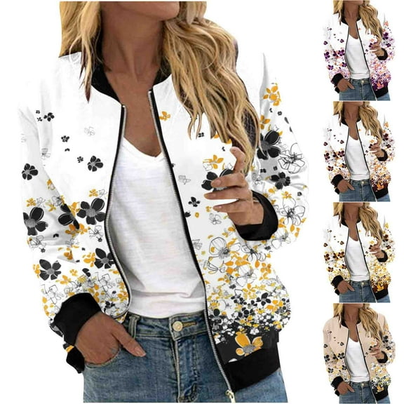 QATAINLAV Plus Size Jackets for Women Fashion Floral Casual Lightweight Windbreaker Fall Zip Up Stand Collar Cropped Bomber Jacket with Pockets, Yellow, XXXL