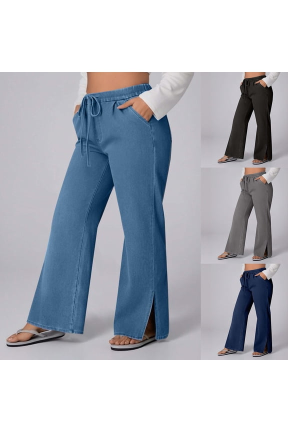 Plus Size Jeans for Women Loose Wide Leg Denim Trousers Drawstring High Waisted Side Slits Jean Pants with Pockets, Navy, XXL