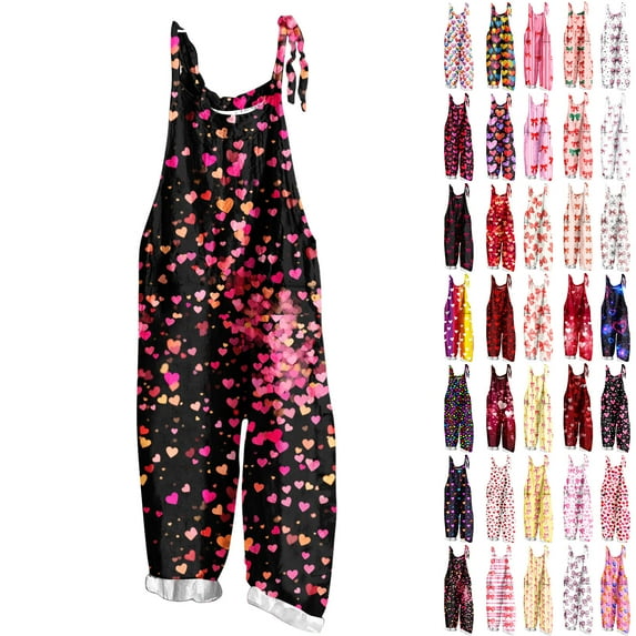 QATAINLAV Plus Size Jumpsuits for Women 2025 Valentine's Day Cotton Linen Rompers Casual Sleeveless Adjustable Strap One Piece Wide Leg Pants with Pockets Multicolor M Sales Prime