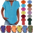 thumbnail image 1 of QATAINLAV Plus Size Linen Blouses for Women Short Sleeve Henley V Neck Shirts Spring Summer Tops Solid Color Gauze Tunic Yellow XXL, 1 of 7