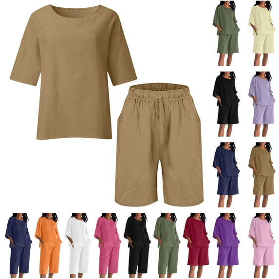 QATAINLAV Plus Size Linen Shorts Sets for Women 2 Piece Outfits 3/4 Sleeve Crewneck Tunic Tops and Bermuda Shorts Lounge Sets with Pockets Beige XXXXXL Gifts for Girls