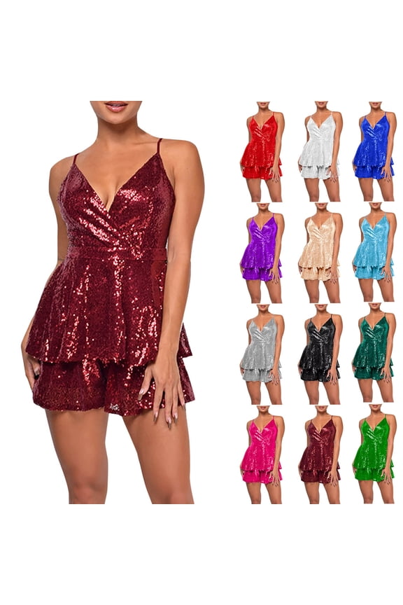 Plus Size One Piece Skorts for Women Fashion Glitter Sequin Rompers Sleeveless Straps V Neck Short Jumpsuits Wedding Party Outfits Beige XXXL