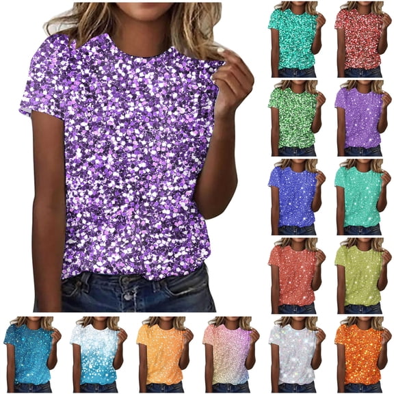 QATAINLAV Plus Size Shirts for Women Trendy Sequin Printed Round Neck T Shirt Loose Fit Short Sleeve Summer Tops Comfy Cotton Basic Tees, Multicolor, XXXXXL