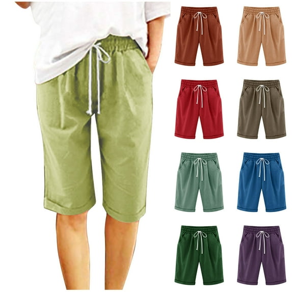 QATAINLAV Plus Size Shorts for Women Lightweight Linen Summer Beach Shorts with Pockets Solid Color Drawstring Elastic Waist Knee Length Lounge Shorts Brown M Lightning Sales Today
