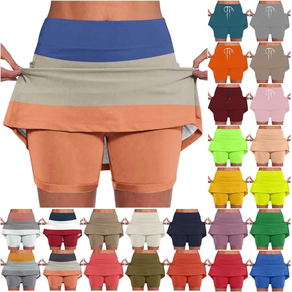 QATAINLAV Plus Size Skorts for Women Tummy Control High Waisted Athletic Tennis Golf Skirts with Shorts Fashion Colorblock Print Biker Shorts Prime Sales Today Clearance Red M