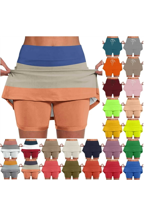 Plus Size Skorts for Women Tummy Control High Waisted Athletic Tennis Golf Skirts with Shorts Fashion Colorblock Print Biker Shorts Black XXL