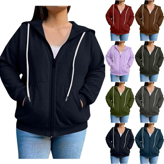 QATAINLAV Plus Size Sweatshirts for Women Loose Zip Up Oversized Hoodies Solid Casual Long Sleeve Hooded Jackets Fall Trendy Clothes, Dark Blue, L