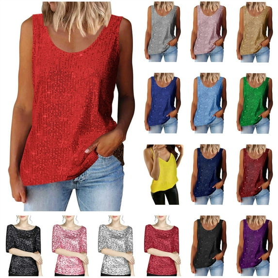 QATAINLAV Plus Size Tank Tops for Women Holiday Party Glitter Sequin Sleeveless Tanks Loose Fit Casual Crew Neck Tunics, Hot Pink, XXXXL