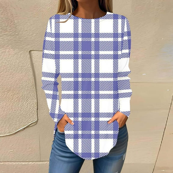 QATAINLAV Plus Size Tops for Women 2025 Fall Fashion Plaid Long Sleeve Shirts Casual Loose Fit Pullover Blouse Going Out Outfits Best Sales Today Purple XL
