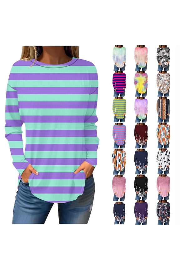 Plus Size Tops for Women 2025 Fall Long Sleeve T Shirts Casual Round Neck Pullover Sweatshirt Trendy Stripe Print Shirts My Orders Placed by Me Hot Pink 5XL
