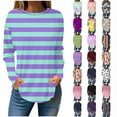 thumbnail image 1 of QATAINLAV Plus Size Tops for Women 2025 Fall Long Sleeve T Shirts Casual Round Neck Pullover Sweatshirt Trendy Stripe Print Shirts of Today Blue XXL, 1 of 5