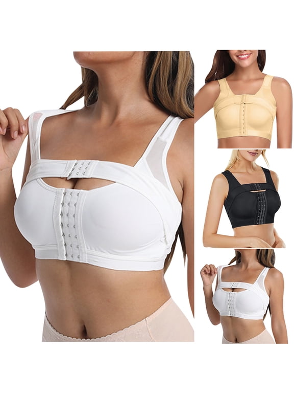 Post-Surgery Front Closure Bra for Women Solid Sport Bras Posture Corrector Compression Shapewear Tops with Breast Support Band Birthday Gifts, Black