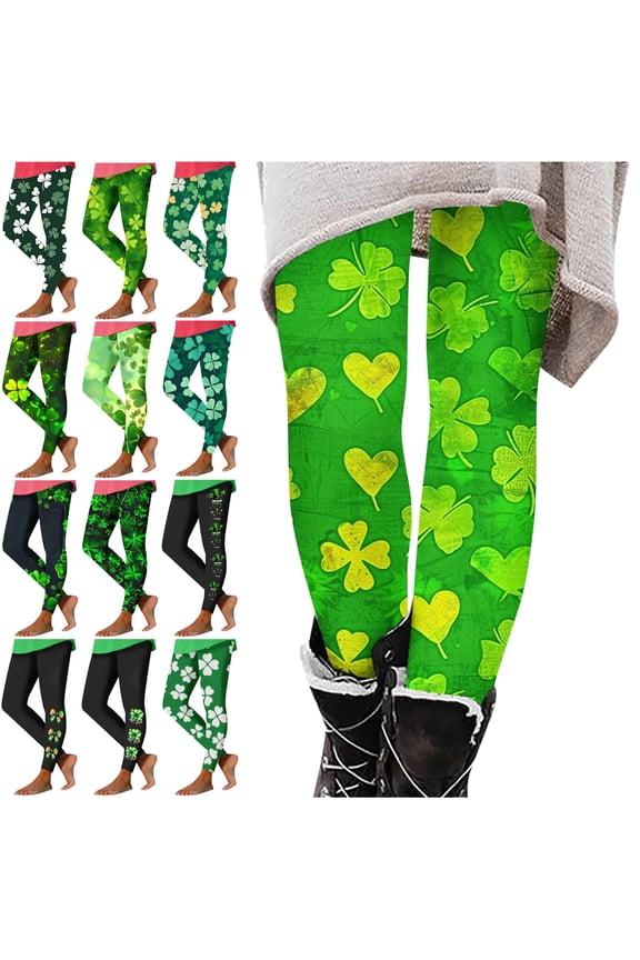Womens St Patricks Day Leggings High Waist Funny Shamrock Graphic Legging Tights Stretchy Workout Yoga Pants Green L