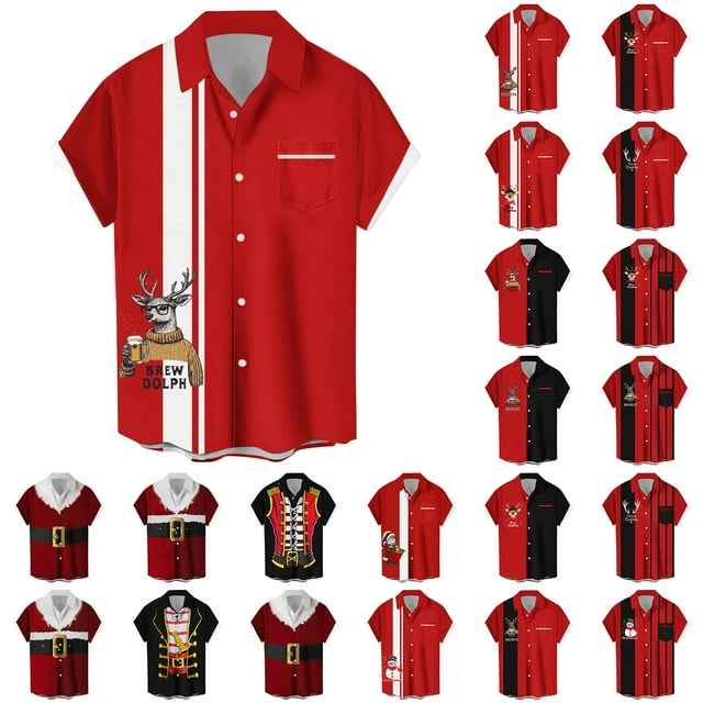 QATAINLAV Prime Day Deals Today 2024 Big and Tall Christmas T-Shirts for Men Xmas Ugly Graphic Tees Tops Casual Button Lapel Hawaiian Shirt Vacation Short Sleeve Bowling Shirt Red M