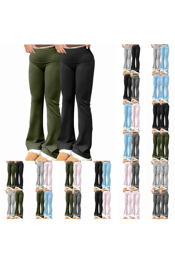 Women's High Waist Running Workout Leggings Gym Tummy Control Foldover Flare Yoga Pants Milk Silk Soft Stretchy Legging Pants Black M