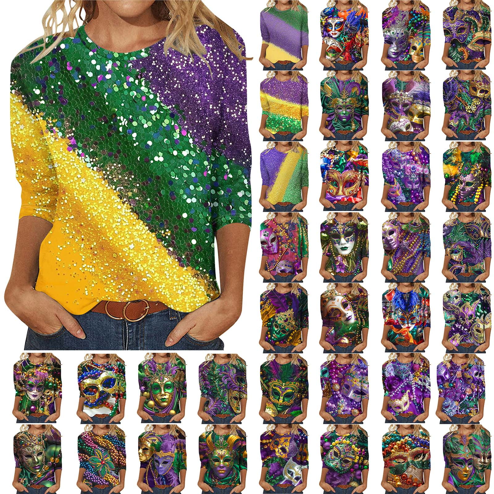QATAINLAV Prime Sales Today Clearance 2025 Mardi Gras Outfit for Women Carnival Themed Tops 3/4