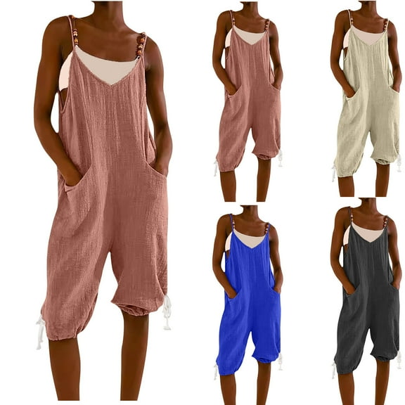 QATAINLAV Prime Sales of The Day Womens Linen Capri Overalls Sleeve Spaghetti Straps Short Jumpsuits Casual Loose Fit V Neck Cinch Bottom Rompers with Pockets White XL