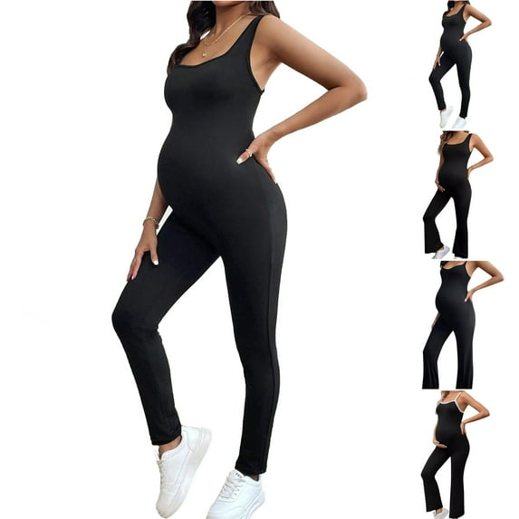 QATAINLAV Prime Sales Flare Leg Jumpsuits for Maternity Sleeveless Yoga Workout Bodysuit Pregnancy Casual Scoop Neck Full Length Rompers Black XL