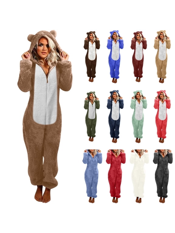 Prime Sales Sherpa Fleece Jumpsuit for Women Winter Warm Fuzzy Onesie Pajamas Cute Cat Hooded Romper Casual Zip Up Overalls Sleepwear Khaki XXL