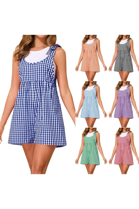 Prime Sales! Summer Plaid Romper for Women Casual Cute Tie Straps Sleeveless Short Jumpsuit Loose Fit Wide Leg Onesie Shorts Overalls Light Blue M
