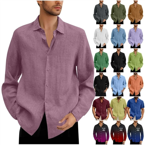 QATAINLAV Prime Sales Today Loose Fit Long Sleeve Shirts for Men Big and Tall Cotton Linen Blouses Button Down Lapel Tops Business Casual Outfits Light Blue 4XL