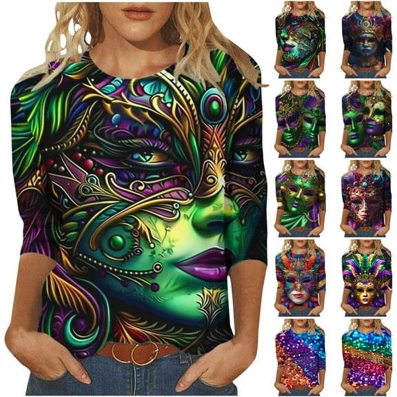 QATAINLAV Prime Sales Today Mardi Gras Shirts for Women 3/4 Sleeve Mask Graphic Blouse Carnival Themed Tees Party 3D Print Tops Funny Gifts Parade Tshirt Multicolor M
