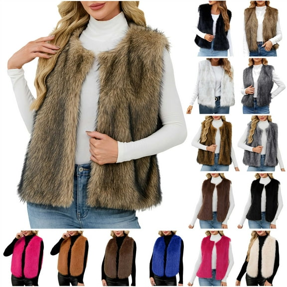 QATAINLAV Prime Sales Today Womens Faux Fur Vest Winter Warm Short Coat Fluffy Shaggy Sleeveless Jacket Fashion Casual Warm Padded Fuzzy Outerwear Brown M