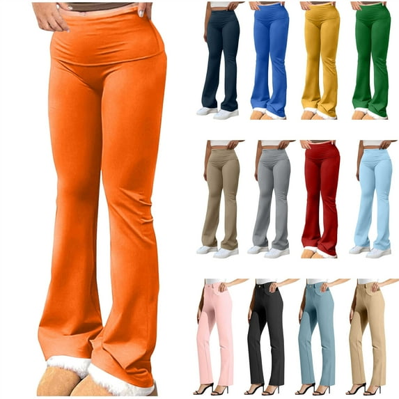 QATAINLAV Prime Sales Women Flare Leggings with Tummy Control High Waist Fold Over Bootcut Wide Leg Workout Leggings Solid Casual Yoga Pants Purple XL