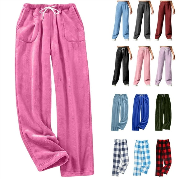 QATAINLAV Womens Soft Fleece Pajamas Pant Casual Drawstring Flannel Pj Bottoms Winter Loose Fuzzy Wide Leg Lounge Trousers with Pockets, Watermelon Red, XL