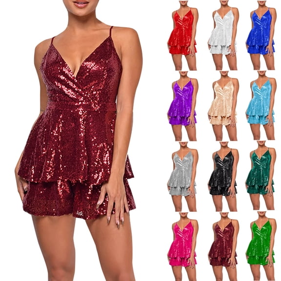 QATAINLAV Prime Today Jumpsuits for Women Fashion Sparkly Sequin Straps Romper Dressy Sleeveless One Piece Shorts Cocktail Wedding Party Glitter Outfits Red XXXL