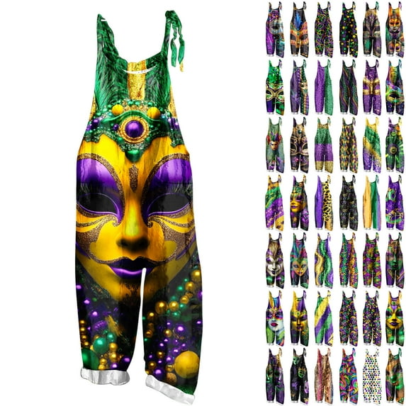 QATAINLAV Birthday Gifts Womens Cotton Linen Wide Leg Jumpsuits Mardi Gras Loose Fit Adjustable Straps Romper Trendy Carnival Print Sleeveless Overalls Multicolor XXXXL