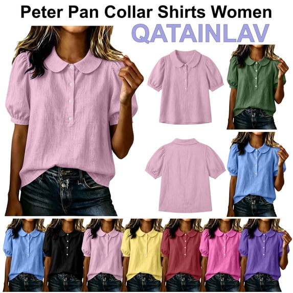 QATAINLAV Puff Short Sleeve Shirts for Women Cotton Linen Peter Pan Collar Blouse Button Up Peasant Casual Summer Tops Pink S