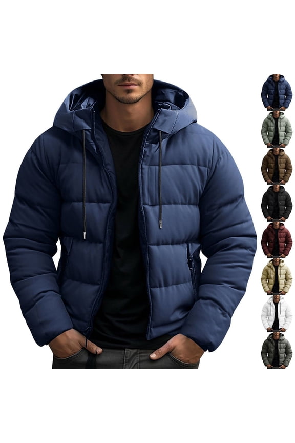 Puffer Jacket Mens Heavyweight Warm Hooded Winter Coats Outdoor Thick Thermal Windproof Zip Up Down Jacket with Pockets, White, XL