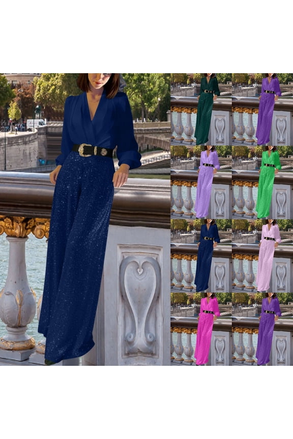 Purple Womens Cocktail Jumpsuit Fashion Sequin Sparkly Formal Party Romper Casual Wrap V Neck Wide Leg Playsuit XL