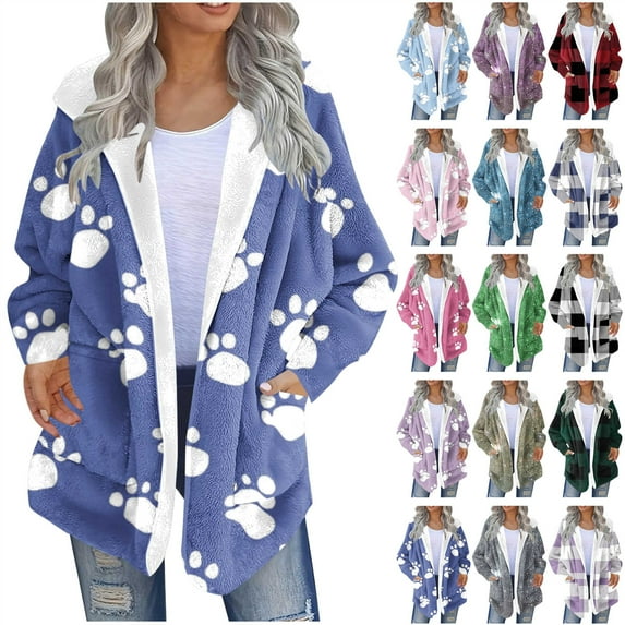 QATAINLAV PurpleSherpa Jacket for Women Fuzzy Fleece Open Front Hooded Cardigan Cute Graphic Hoodies Warm Winter Coats L