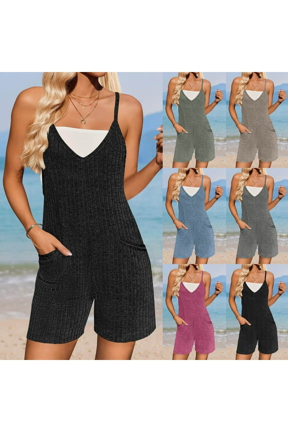 Mothers Day Gifts! Rompers for Women Summer Casual Sleeveless Spaghetti Strap Jumpsuit Solid Color Ribbed Knit Shorts Overalls with Pockets Loungewear Khaki M
