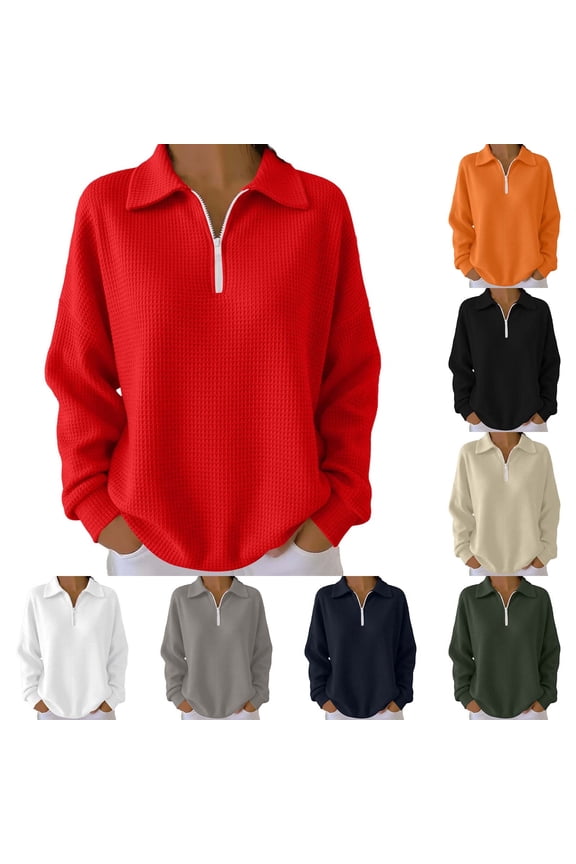 Quarter Zip Pullover Sweatshirt for Women Waffle Knit Mock Neck Polos Shirts Casual Long Sleeve Tops, Red, S