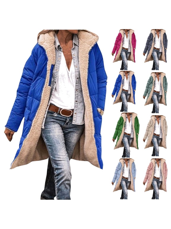 Quilted Jackets for Women Solid Color Long Sleeve Sherpa Fleece Lined Puffer Jacket Fashion Reversible Hooded Winter Coats Outwear with Pockets, Black, M