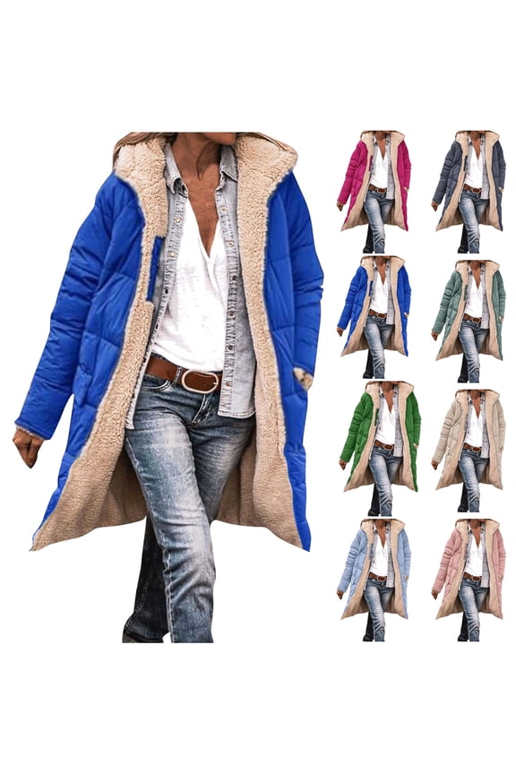 Quilted Jackets for Women Solid Color Long Sleeve Sherpa Fleece Lined Puffer Jacket Fashion Reversible Hooded Winter Coats Outwear with Pockets, Black, M
