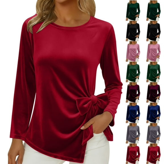 QATAINLAV Red Velvet Long Sleeve Tops for Women Crewneck Dressy Casual Velour Blouses Cute Side Bow Slit Pullover Tunic M