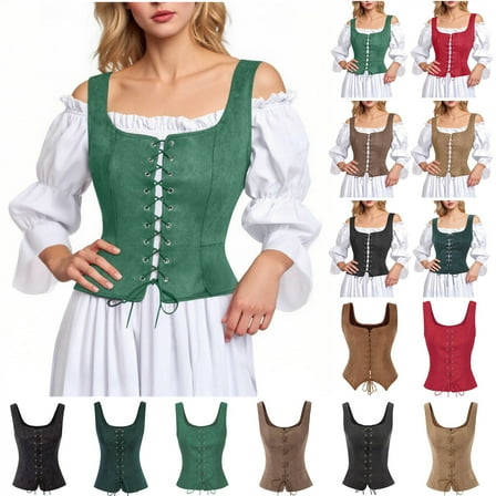 QATAINLAV Renaissance Corset Costume Women Pirate Medieval Waist Cinched Vest Tops Solid Color Lace Up Victorian Bodice, Green, S